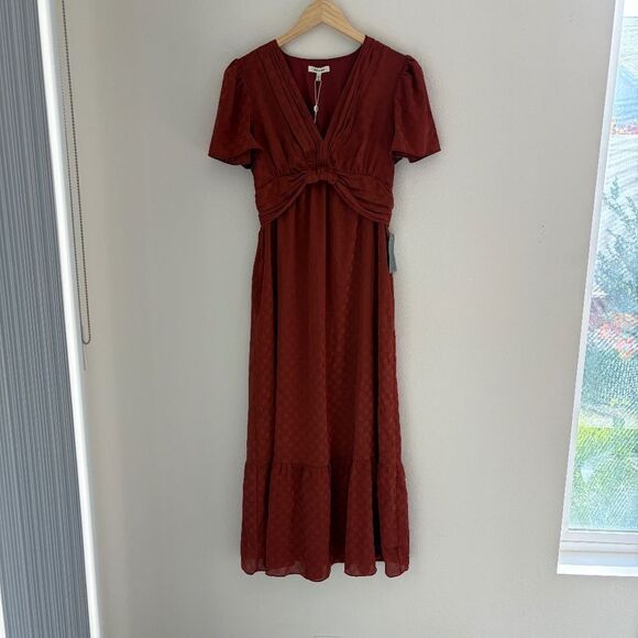 NWT Max Studio Women's Jacquard Shine Dot Cinched Waist Midi Dress Russet Small - Picture 6 of 16